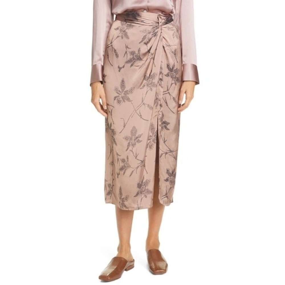 Vince Iris Floral Jacquard Twist‎ Knot Brown Satin Midi Skirt Size 6 NWT